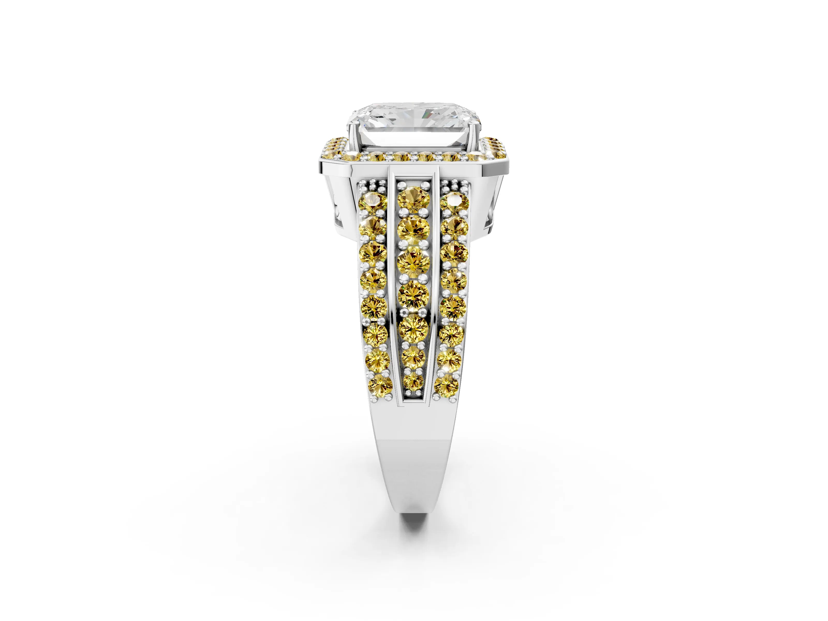 White gold Radiant Cut Halo Diamond Ring with Round with Yellow Sapphire side stone Split Shank and Prong Setting_26