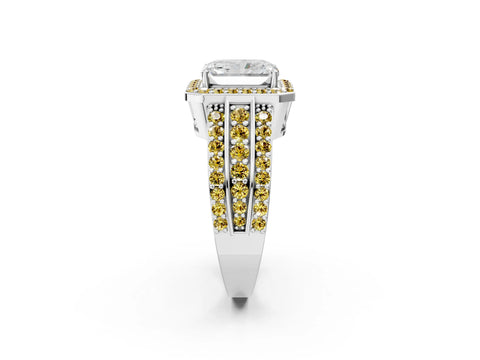 White gold Radiant Cut Halo Diamond Ring with Round with Yellow Sapphire side stone Split Shank and Prong Setting_26