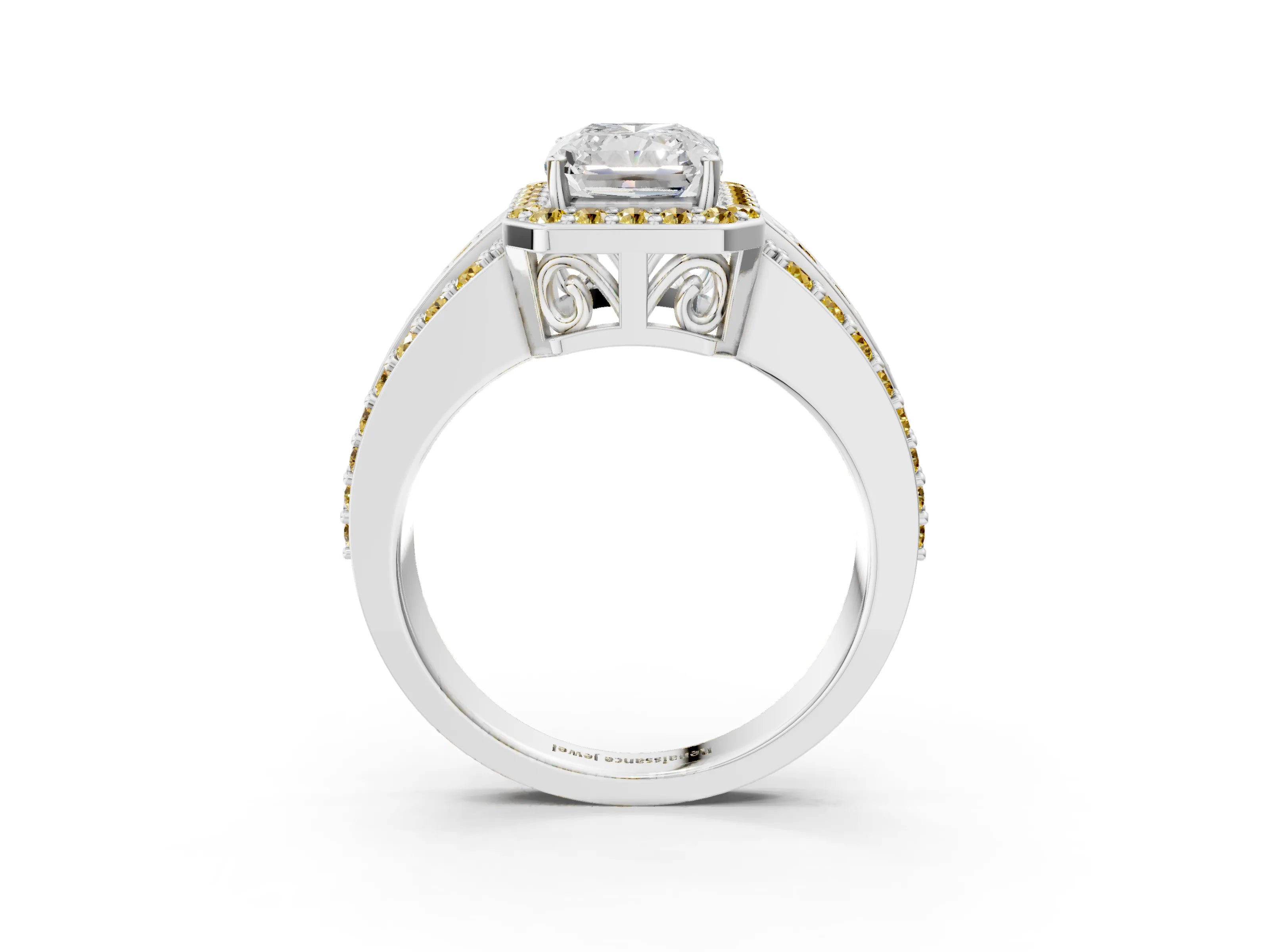 White gold Radiant Cut Halo Diamond Ring with Round with Yellow Sapphire side stone Split Shank and Prong Setting_27