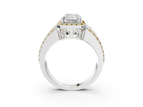White gold Radiant Cut Halo Diamond Ring with Round with Yellow Sapphire side stone Split Shank and Prong Setting_27