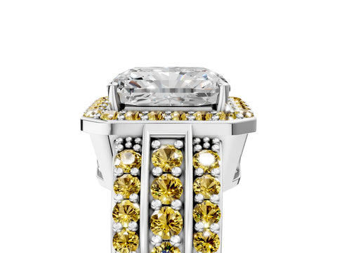 White gold Radiant Cut Halo Diamond Ring with Round with Yellow Sapphire side stone Split Shank and Prong Setting_29