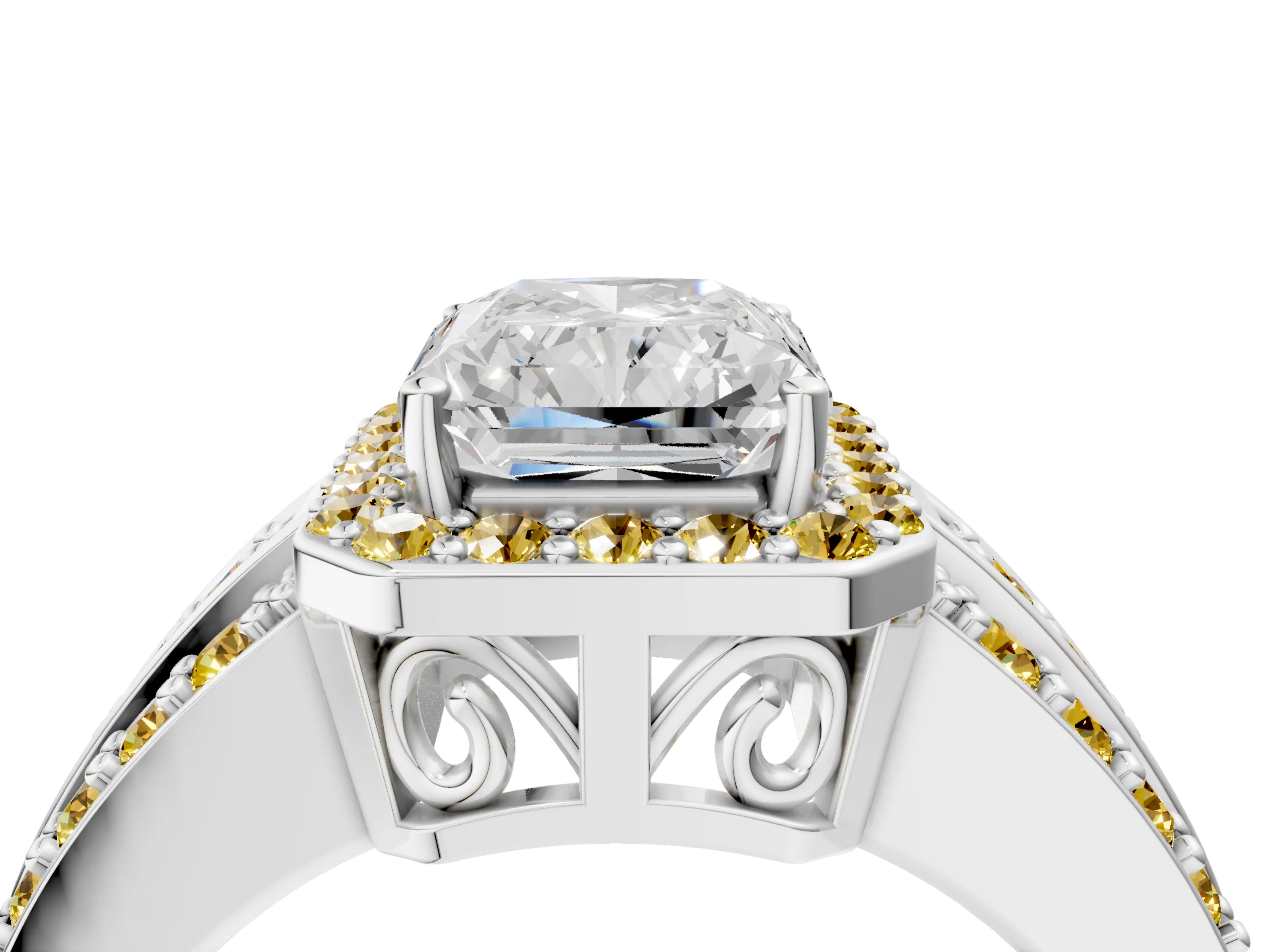 White gold Radiant Cut Halo Diamond Ring with Round with Yellow Sapphire side stone Split Shank and Prong Setting_40