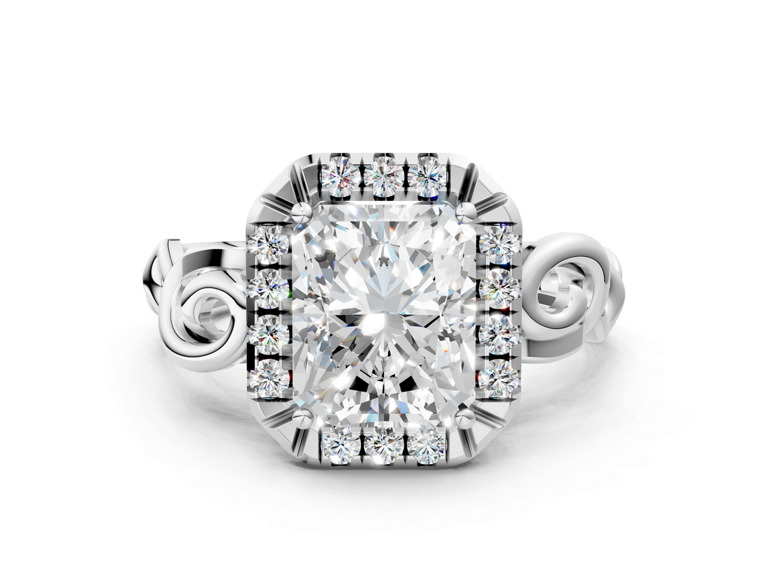 White gold Radiant Cut Halo Diamond Ring with Scrollwork Band and Four-Prong Setting_139
