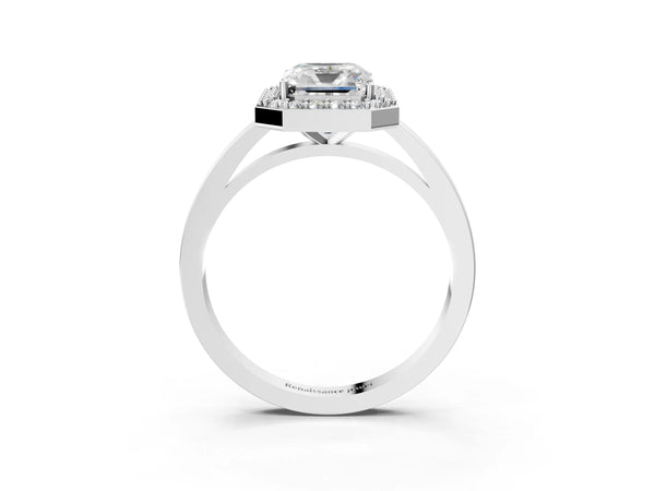 White gold Radiant Cut Halo Diamond Ring with Solitaire Band and Prong Setting