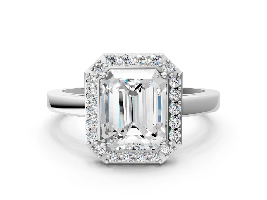 White gold Radiant Cut Halo Diamond Ring with Solitaire Band and Prong Setting_7