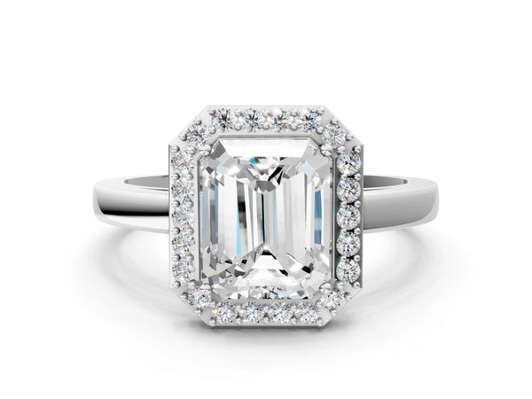 White gold Radiant Cut Halo Diamond Ring with Solitaire Band and Prong Setting