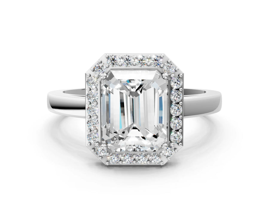 White gold Radiant Cut Halo Diamond Ring with Solitaire Band and Prong Setting