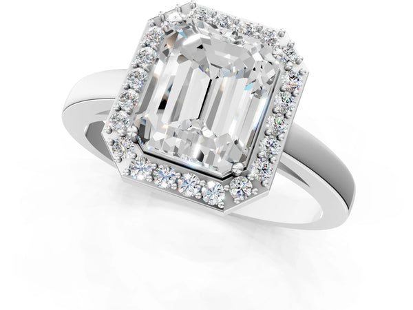 White gold Radiant Cut Halo Diamond Ring with Solitaire Band and Prong Setting
