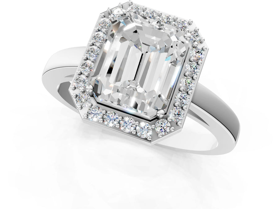 White gold Radiant Cut Halo Diamond Ring with Solitaire Band and Prong Setting