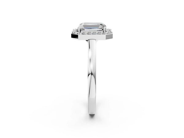 White gold Radiant Cut Halo Diamond Ring with Solitaire Band and Prong Setting