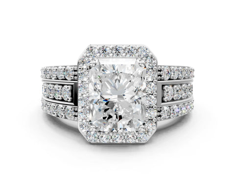 Platinum 3.02 Carat F VS1 Radiant Halo Diamond Ring with Round  Split Shank and Prong Setting