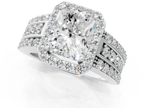 Platinum 3.02 Carat F VS1 Radiant Halo Diamond Ring with Round  Split Shank and Prong Setting