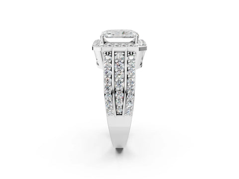 Platinum 3.02 Carat F VS1 Radiant Halo Diamond Ring with Round  Split Shank and Prong Setting