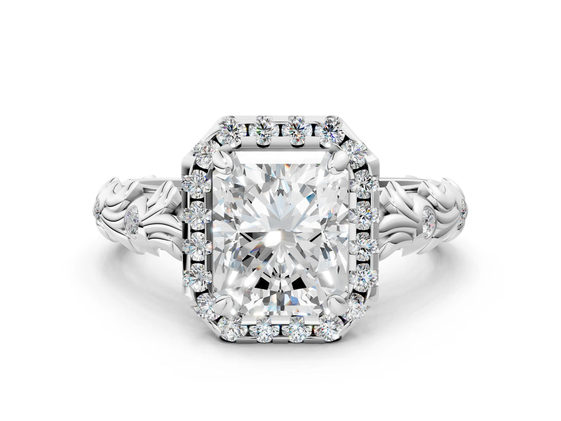 White gold Radiant Cut Halo Diamond Solitaire with Filigree Band and Four-Prong Setting_7
