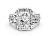 White gold Radiant Cut Halo Diamond Split Shank Ring with Scalloped Prong Setting_110