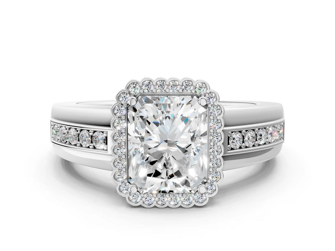 White gold Radiant Cut Halo Pave Band Four-Prong Ring_74