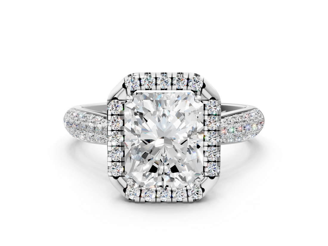 White gold Radiant Cut Halo Pave Band Four-Prong Setting Ring_18