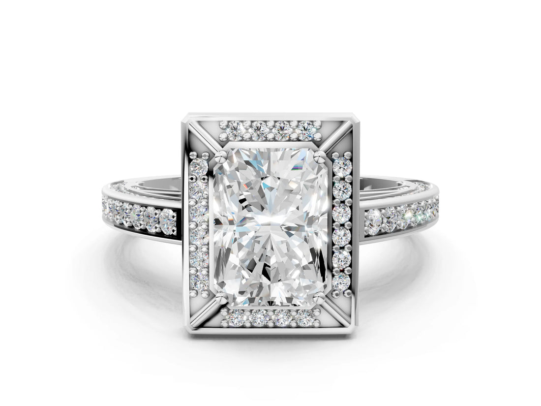 White gold Radiant Cut Halo Pave Split Shank Prong Setting Ring_61