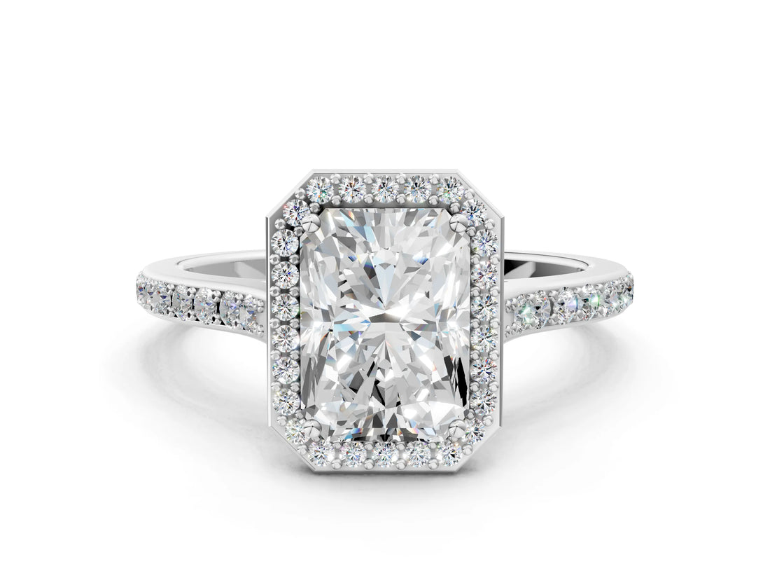 White gold Radiant Cut Halo Round Diamond Pavé Band with Four-Prong Setting_3