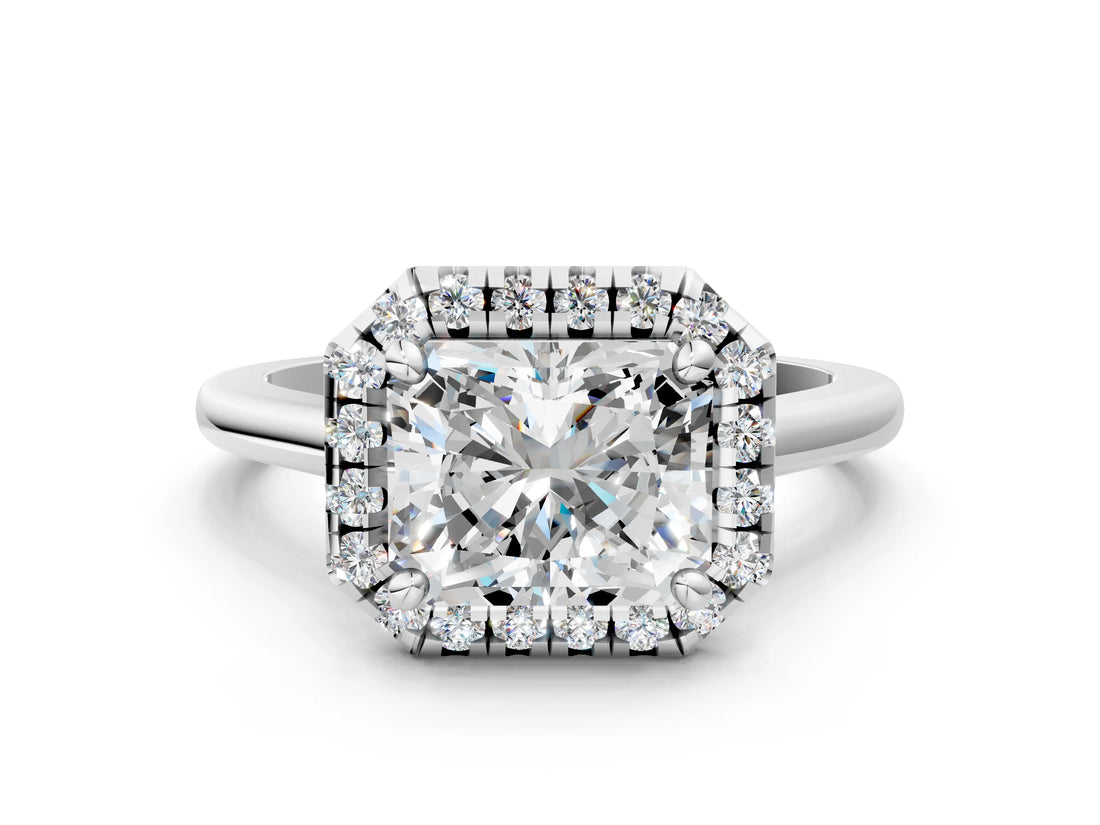 White gold Radiant Cut Halo Round Diamond Solitaire Engagement Ring with Pave Band and Four-Prong Setting_7