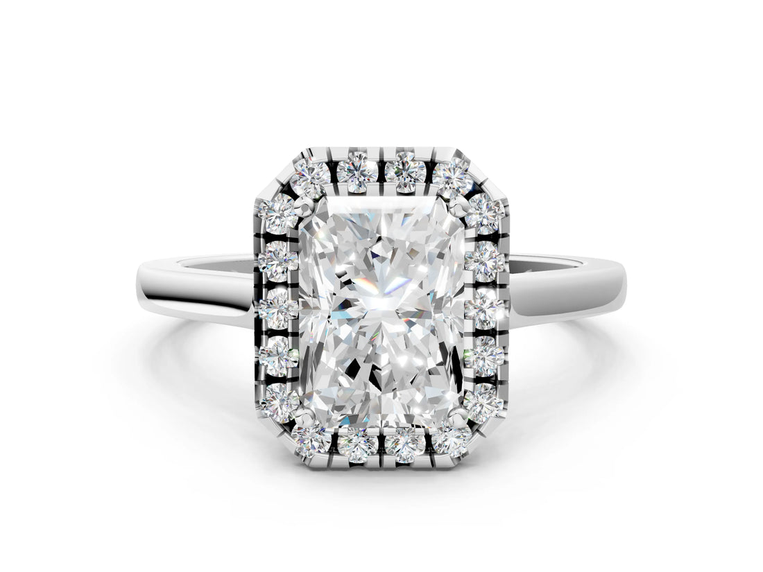 White gold Radiant Cut Halo Round Diamond Solitaire Ring with Pavé Band and Four-Prong Setting