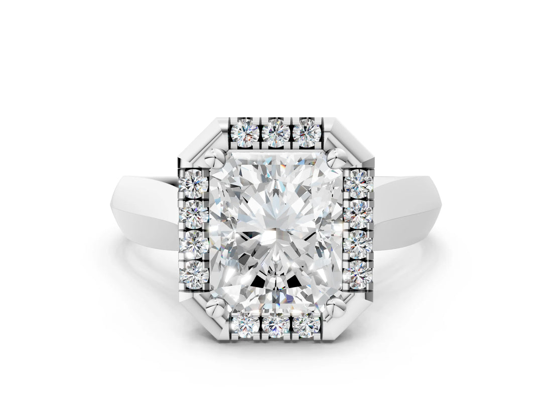 White gold Radiant Cut Halo Solitaire Engagement Ring with Square Band and Four-Prong Setting_12