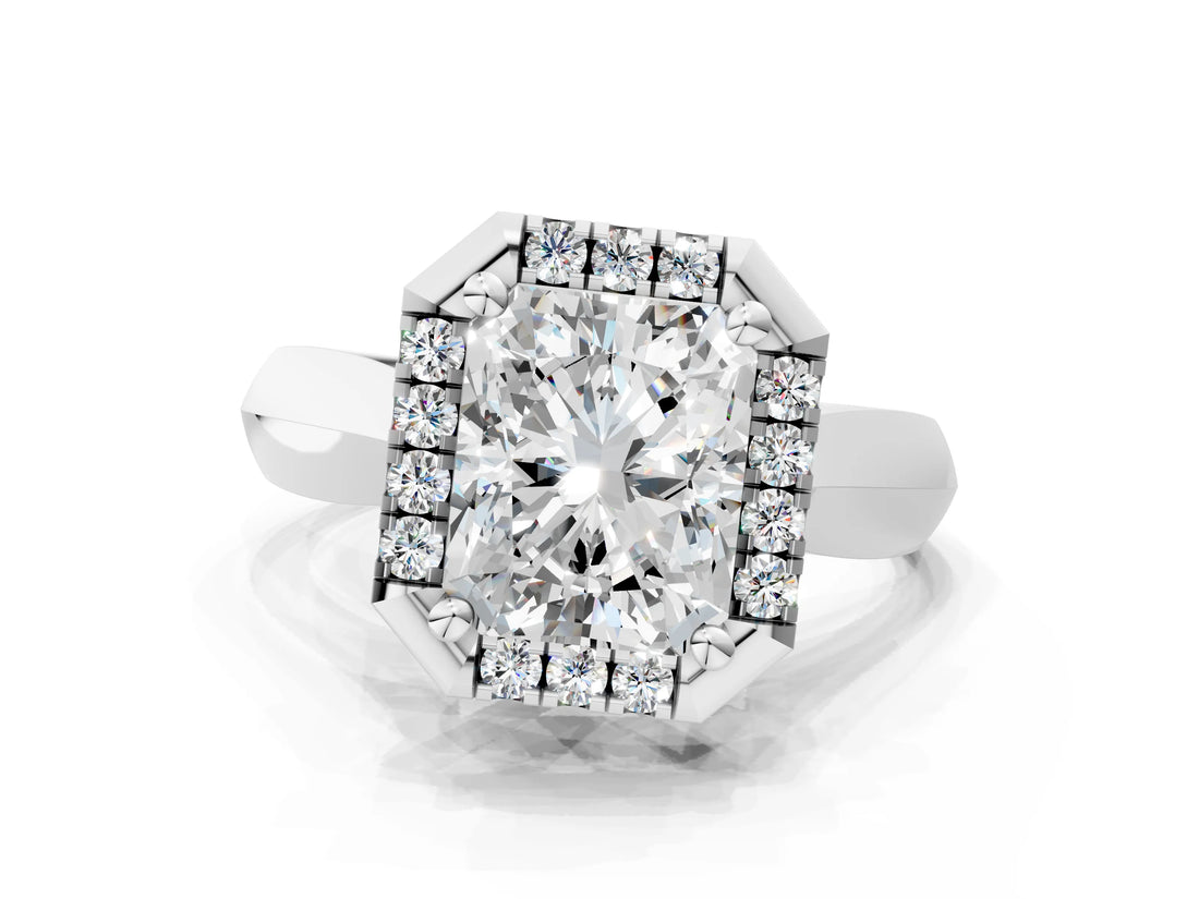 White gold Radiant Cut Halo Solitaire Engagement Ring with Square Band and Four-Prong Setting_148