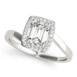 White gold Radiant Cut Halo Solitaire Ring with Channel Band and Four-Prong Setting