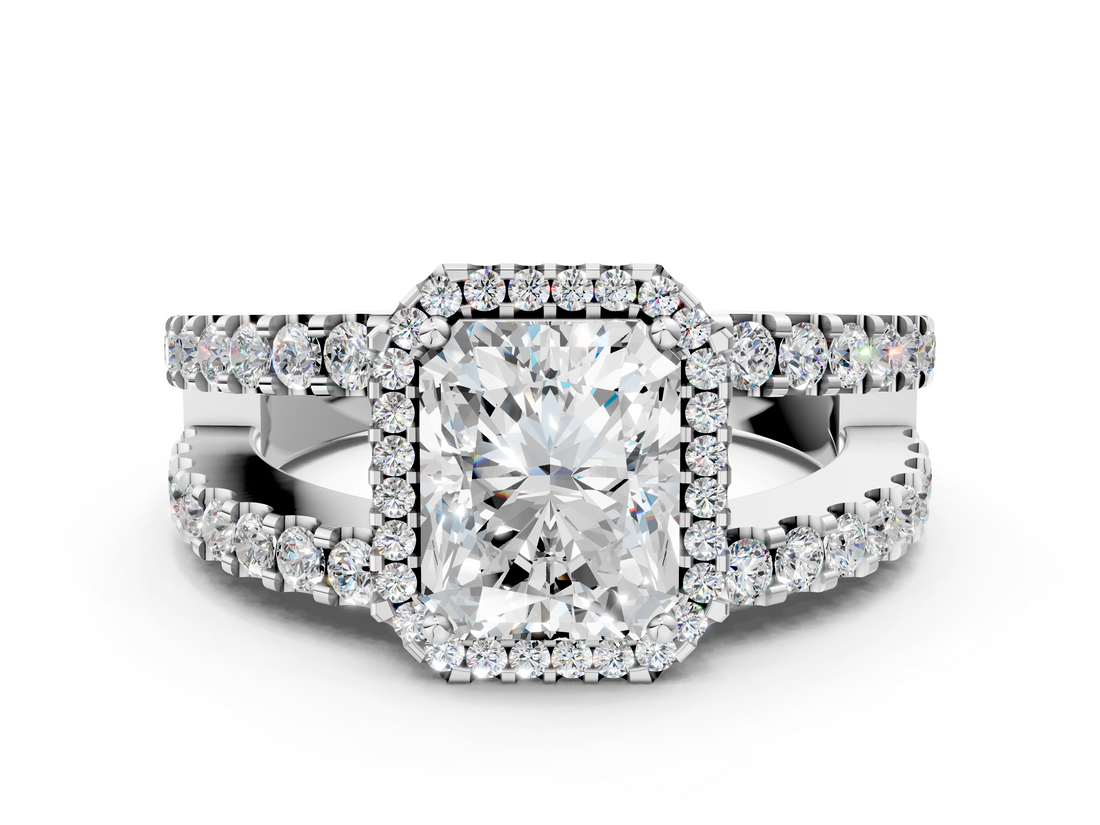 White gold Radiant Cut Halo Split Shank Diamond Ring with Four-Prong Setting_79