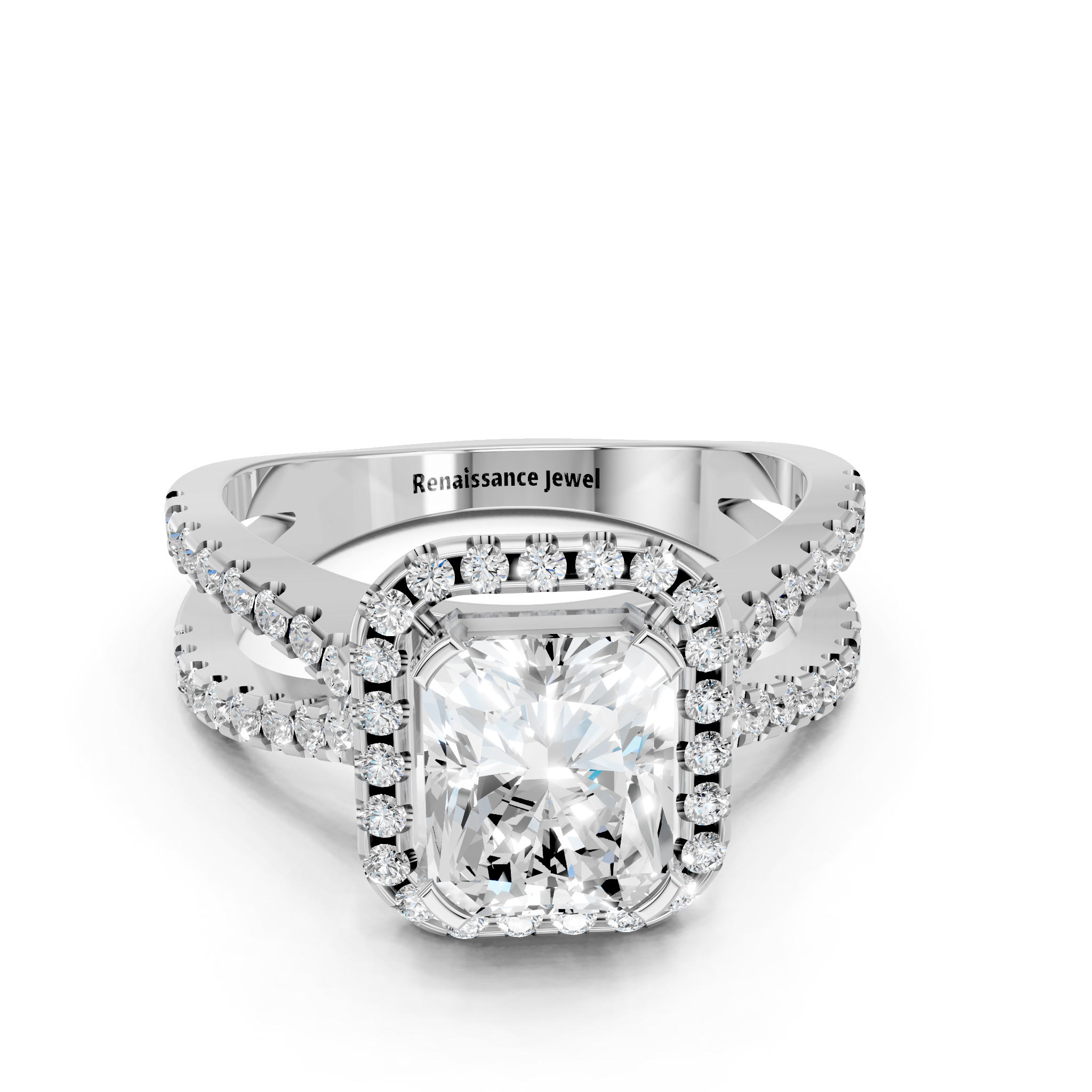 White gold Radiant Cut Halo Split Shank Pave Set Ring_34