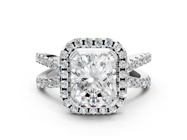 14K White Gold 3.06 Carat F VS1 Radiant Diamond Halo Ring with Split Shank Pavé Band and Prong Setting