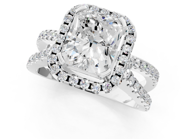14K White Gold 3.06 Carat F VS1 Radiant Diamond Halo Ring with Split Shank Pavé Band and Prong Setting