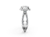 14K White Gold 3.06 Carat F VS1 Radiant Diamond Halo Ring with Split Shank Pavé Band and Prong Setting
