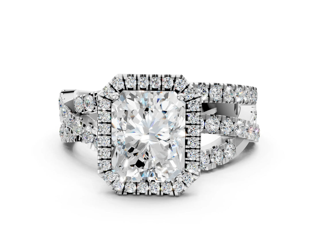 White gold Radiant Cut Halo Split Shank Prong Setting Ring_12