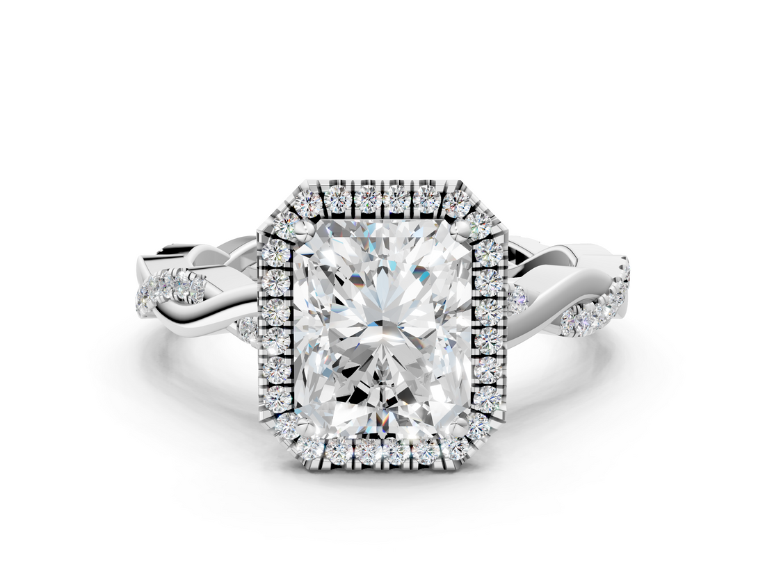 White gold Radiant Cut Halo Twisted Band Four-Prong Ring_46