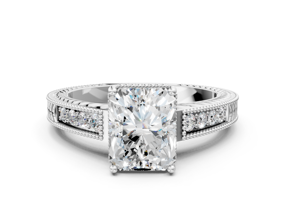 White gold Radiant Cut Milgrain Channel Set Engagement Ring with Solitaire Prong Setting_62