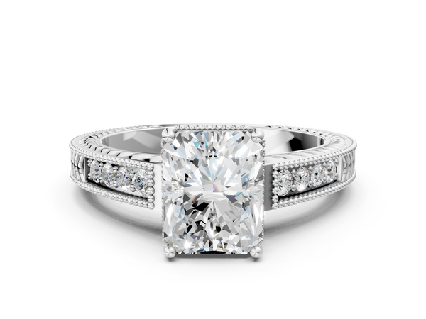 Silver 1.70 Carat E VVS2 Radiant Diamond Engagement Ring with Milgrain Channel Set Band and Prong Setting