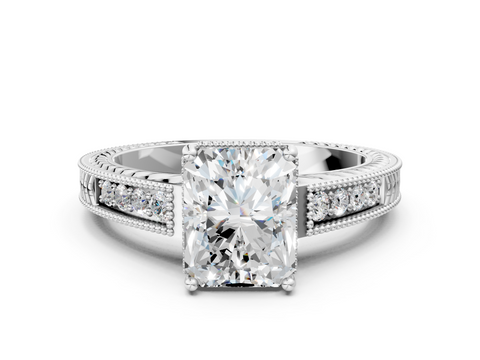 Silver 1.70 Carat E VVS2 Radiant Diamond Engagement Ring with Milgrain Channel Set Band and Prong Setting