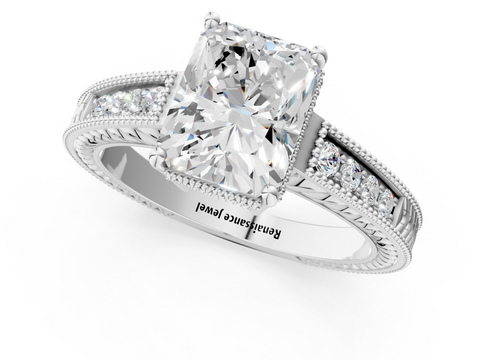 Silver 1.70 Carat E VVS2 Radiant Diamond Engagement Ring with Milgrain Channel Set Band and Prong Setting