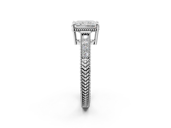 Silver 1.70 Carat E VVS2 Radiant Diamond Engagement Ring with Milgrain Channel Set Band and Prong Setting