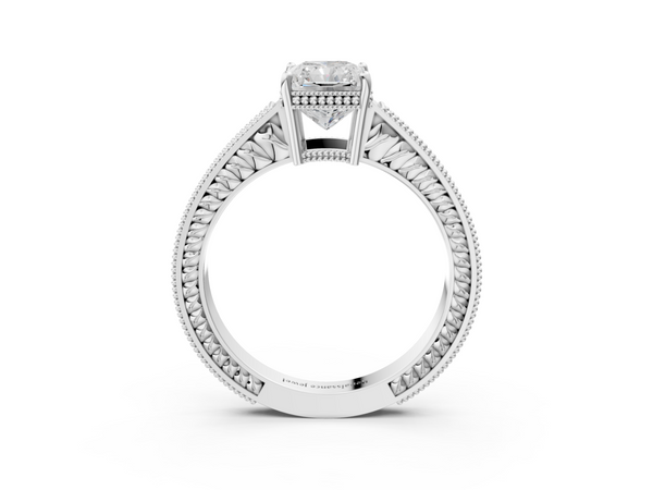 Silver 1.70 Carat E VVS2 Radiant Diamond Engagement Ring with Milgrain Channel Set Band and Prong Setting