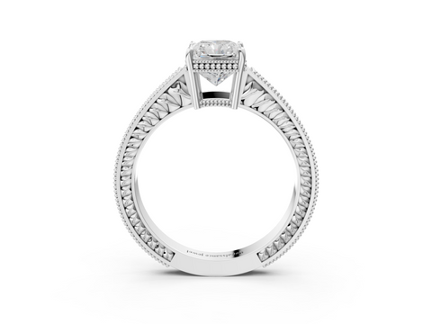 Silver 1.70 Carat E VVS2 Radiant Diamond Engagement Ring with Milgrain Channel Set Band and Prong Setting