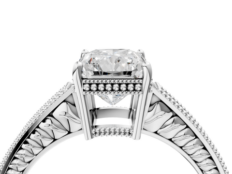 Silver 1.70 Carat E VVS2 Radiant Diamond Engagement Ring with Milgrain Channel Set Band and Prong Setting