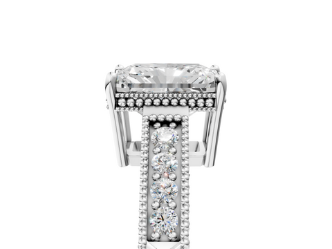 Silver 1.70 Carat E VVS2 Radiant Diamond Engagement Ring with Milgrain Channel Set Band and Prong Setting