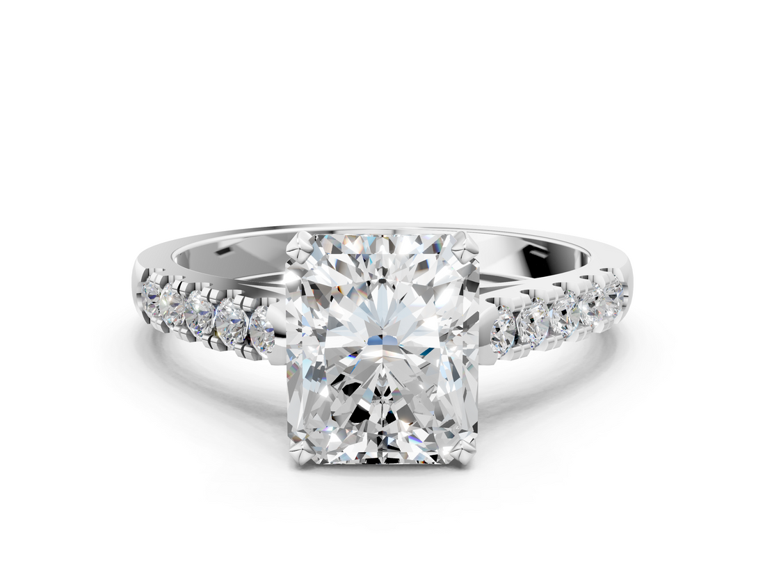 White gold Radiant Cut Pavé Band Solitaire Ring with Four-Prong Setting_299