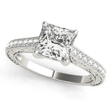 White gold Radiant Cut Pave Band Milgrain Solitaire Ring