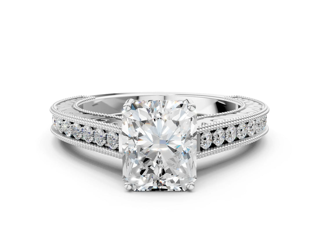 White gold Radiant Cut Pave Band Milgrain Solitaire Ring_6