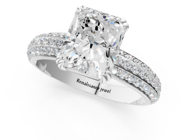 White gold Radiant Cut Pave Diamond Engagement Ring with Channel Set Band and Four-Prong Setting
