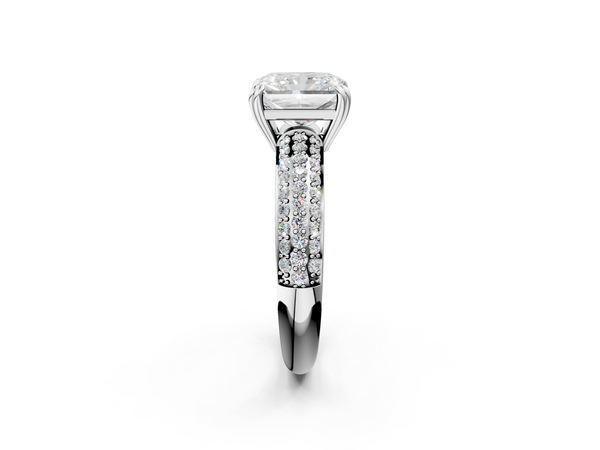 White gold Radiant Cut Pave Diamond Engagement Ring with Channel Set Band and Four-Prong Setting
