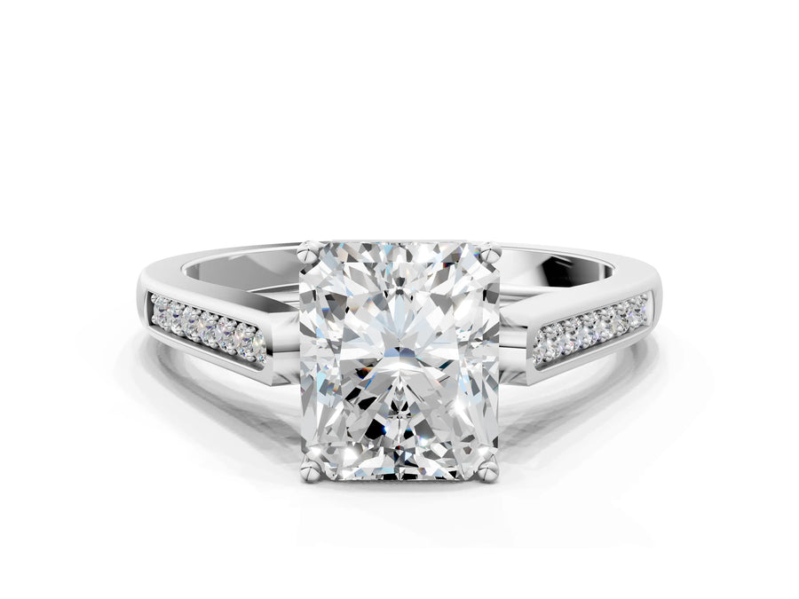 White gold Radiant Cut Solitaire Cathedral Diamond Engagement Ring with Channel-Set Band and Four-Prong Setting